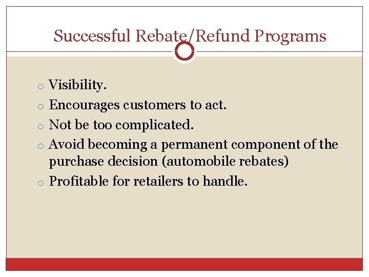 Successful Rebate/Refund Programs o Visibility. o Encourages customers to act. o Not be too