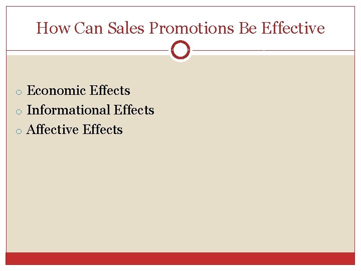 How Can Sales Promotions Be Effective o Economic Effects o Informational Effects o Affective
