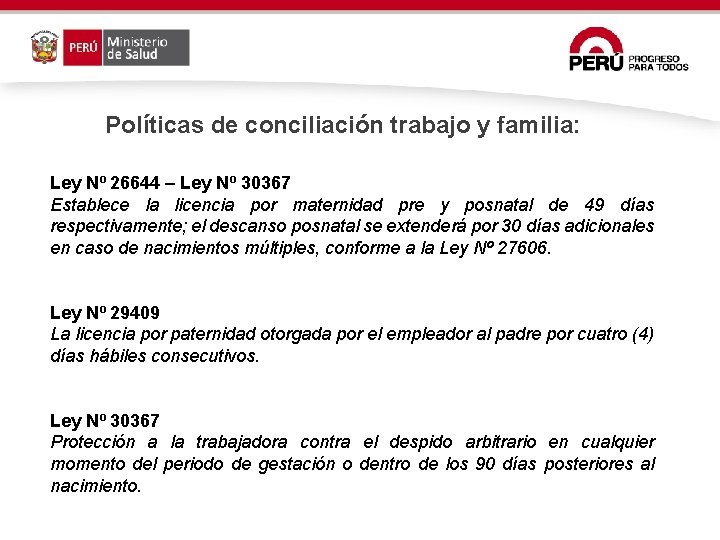 Políticas de conciliación trabajo y familia: Ley Nº 26644 – Ley Nº 30367 Establece Políticas de conciliación trabajo y familia: Ley Nº 26644 – Ley Nº 30367 Establece