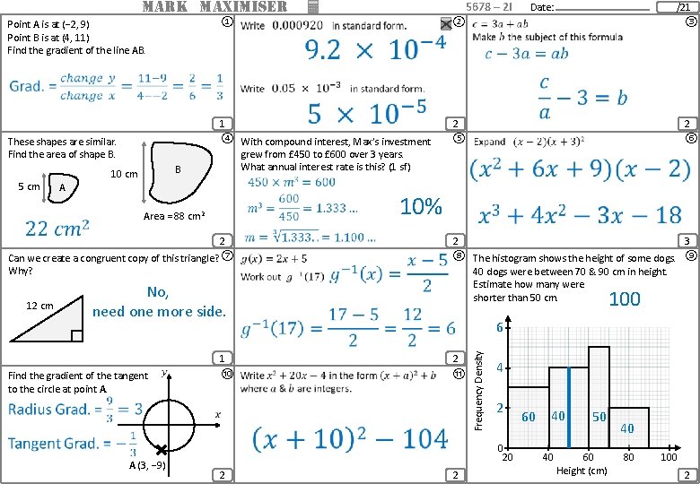 MARK MAXIMISER ① Point A is at (− 2, 9) Point B is at