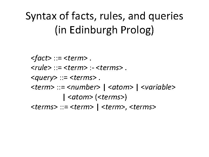 Syntax of facts, rules, and queries (in Edinburgh Prolog) <fact> : : = <term>.