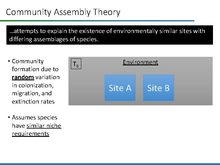 Community Assembly Theory …attempts to explain the existence of environmentally similar sites with differing
