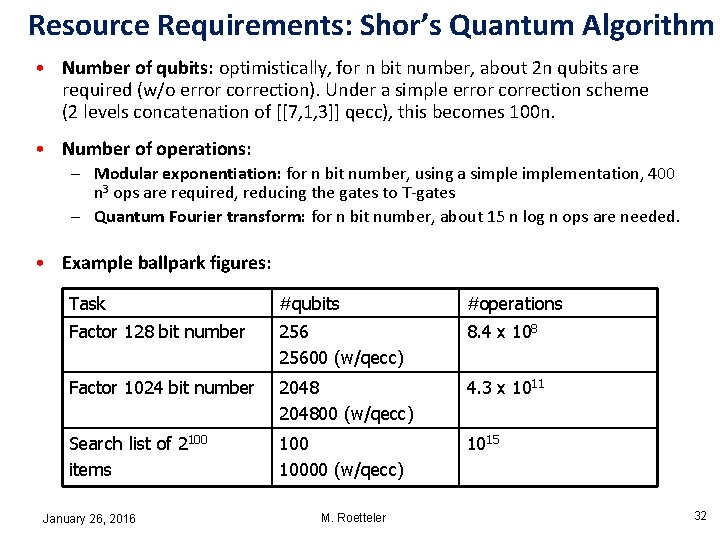 Resource Requirements: Shor’s Quantum Algorithm • Number of qubits: optimistically, for n bit number, Resource Requirements: Shor’s Quantum Algorithm • Number of qubits: optimistically, for n bit number,
