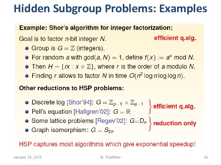Hidden Subgroup Problems: Examples January 26, 2016 M. Roetteler 34 Hidden Subgroup Problems: Examples January 26, 2016 M. Roetteler 34
