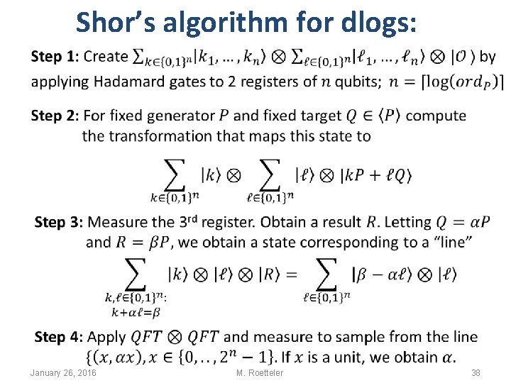 Shor’s algorithm for dlogs: January 26, 2016 M. Roetteler 38 Shor’s algorithm for dlogs: January 26, 2016 M. Roetteler 38