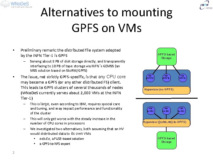 Alternatives to mounting GPFS on VMs • Preliminary remark: the distributed file system adopted