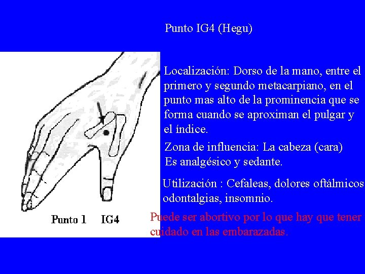 Punto IG 4 (Hegu) Localización: Dorso de la mano, entre el primero y segundo