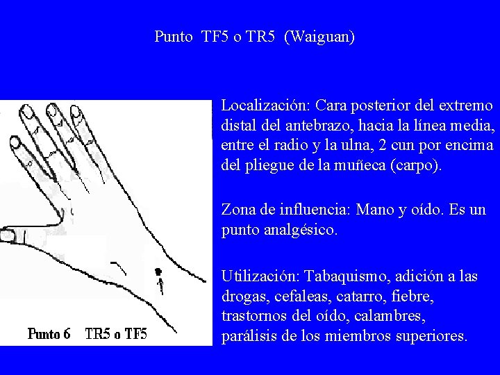 Punto TF 5 o TR 5 (Waiguan) Localización: Cara posterior del extremo distal del