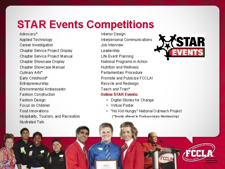 STAR Events Competitions Advocacy* Applied Technology Career Investigation Chapter Service Project Display Chapter Service