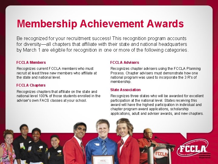 Membership Achievement Awards Be recognized for your recruitment success! This recognition program accounts for