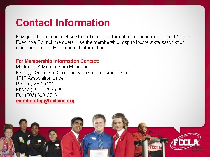 Contact Information Navigate the national website to find contact information for national staff and