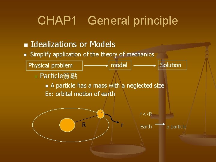 CHAP 1 General principle n Idealizations or Models n Simplify application of theory of