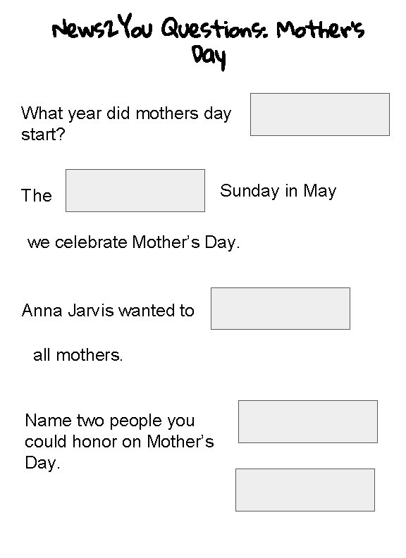 News 2 You Questions: Mother’s Day What year did mothers day start? The Sunday