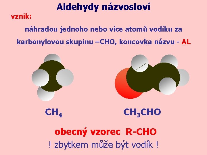 vznik: Aldehydy názvosloví náhradou jednoho nebo více atomů vodíku za karbonylovou skupinu –CHO, koncovka