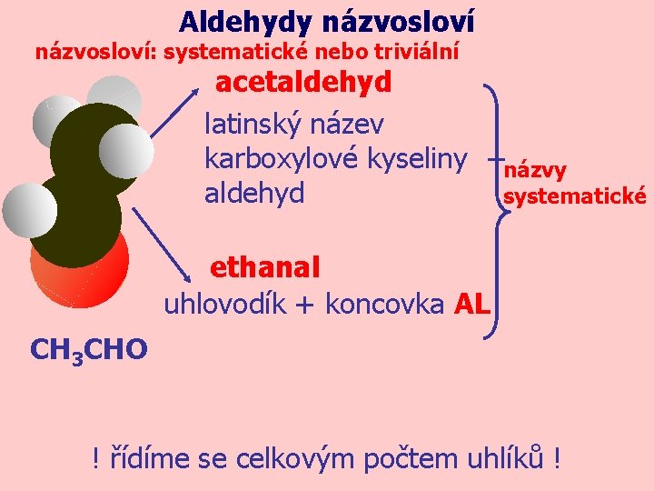 Aldehydy názvosloví: systematické nebo triviální acetaldehyd latinský název karboxylové kyseliny +názvy aldehyd systematické ethanal