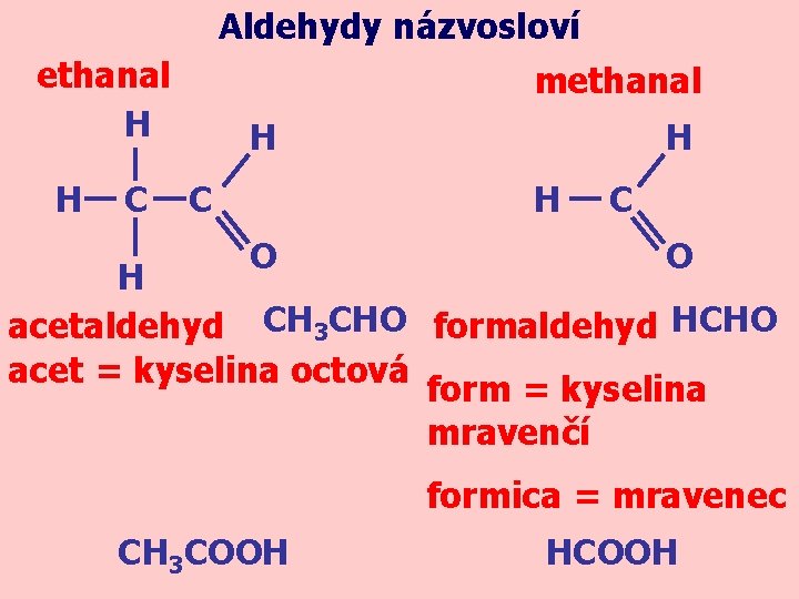 Aldehydy názvosloví ethanal H H C methanal H C H H O C O