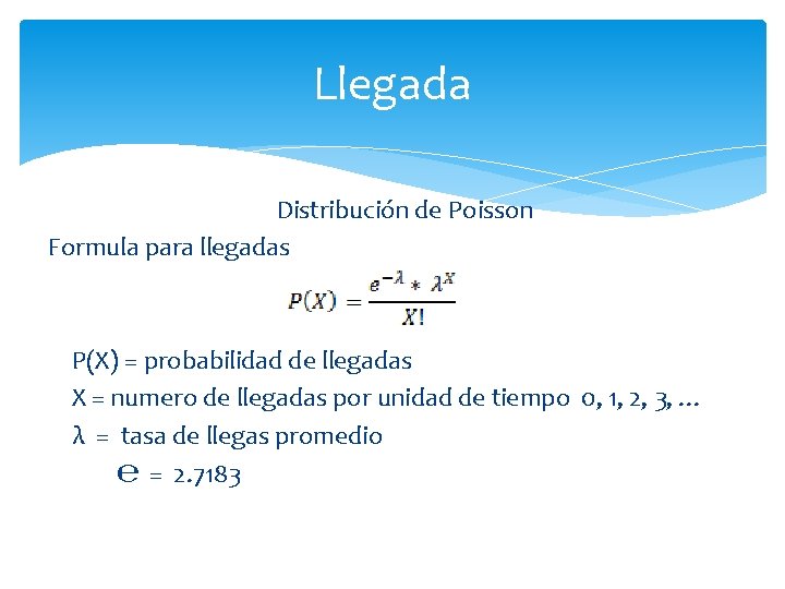 Llegada Distribución de Poisson Formula para llegadas P(X) = probabilidad de llegadas X =