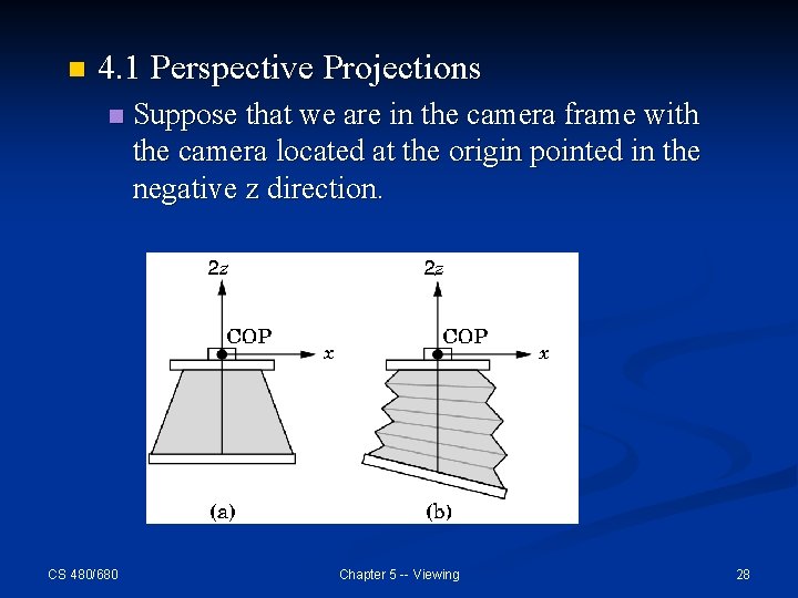 n 4. 1 Perspective Projections n CS 480/680 Suppose that we are in the