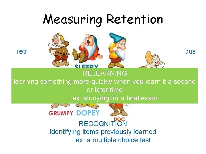 Measuring Retention RECALL retrieving information that is not currently in your conscious awareness but