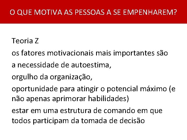 O QUE MOTIVA AS PESSOAS A SE EMPENHAREM? Teoria Z os fatores motivacionais mais