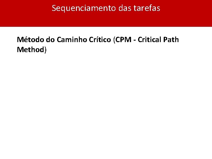 Sequenciamento das tarefas Método do Caminho Crítico (CPM - Critical Path Method) 