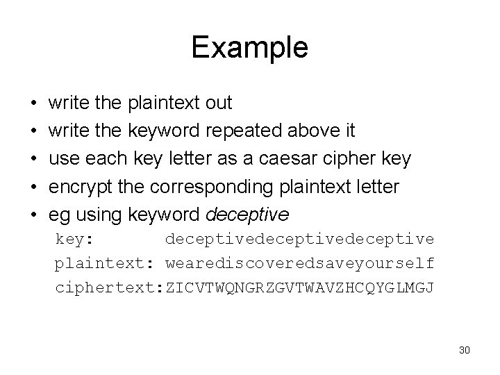 Example • • • write the plaintext out write the keyword repeated above it