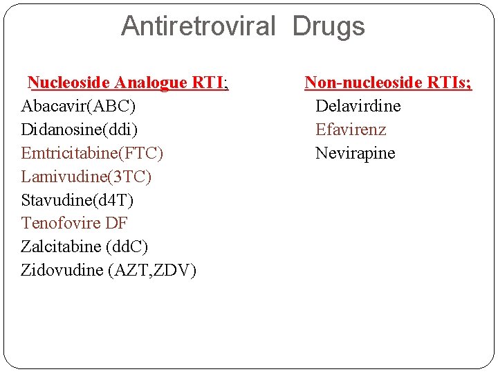 Antiretroviral Drugs Nucleoside Analogue RTI; Abacavir(ABC) Didanosine(ddi) Emtricitabine(FTC) Lamivudine(3 TC) Stavudine(d 4 T) Tenofovire