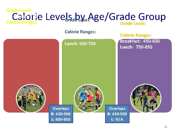 Grade Level: K-5 (ages 5 -10) Calorie Ranges: Breakfast: 350 -500 Lunch: 550 -650