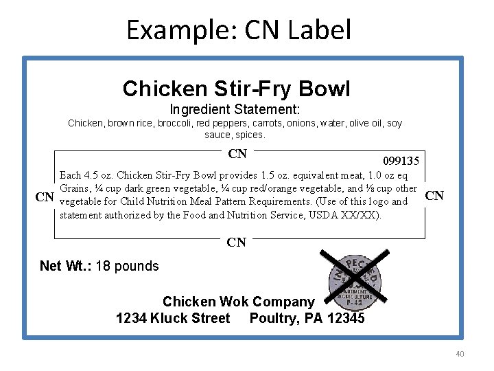 Example: CN Label Chicken Stir-Fry Bowl Ingredient Statement: Chicken, brown rice, broccoli, red peppers,