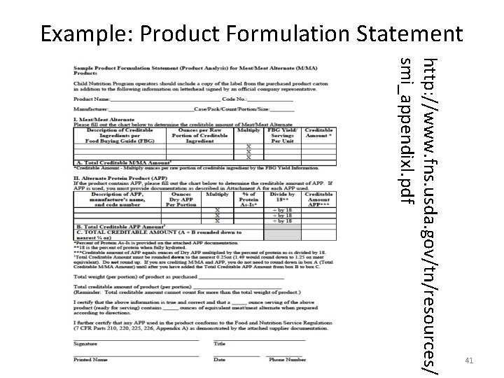Example: Product Formulation Statement http: //www. fns. usda. gov/tn/resources/ smi_appendixl. pdf 41 