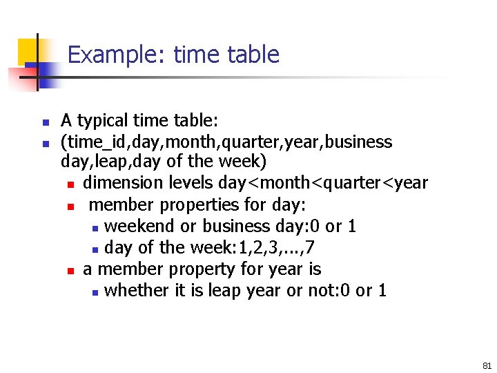 Example: time table n n A typical time table: (time_id, day, month, quarter, year,