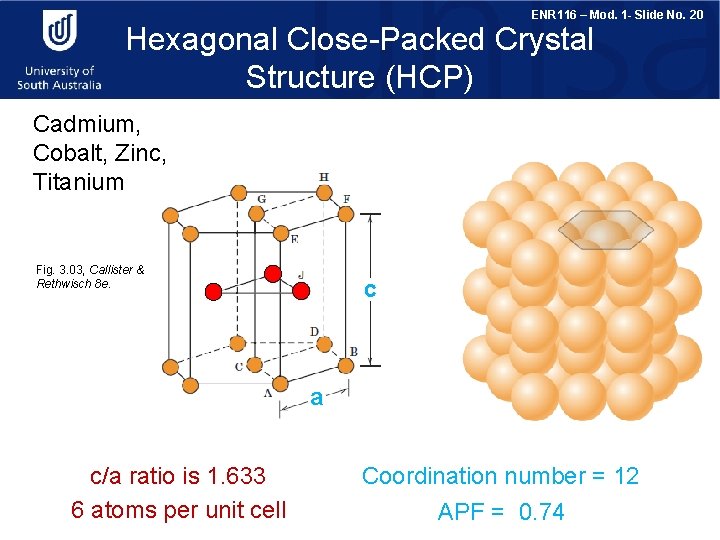 ENR 116 – Mod. 1 - Slide No. 20 Hexagonal Close-Packed Crystal Structure (HCP)