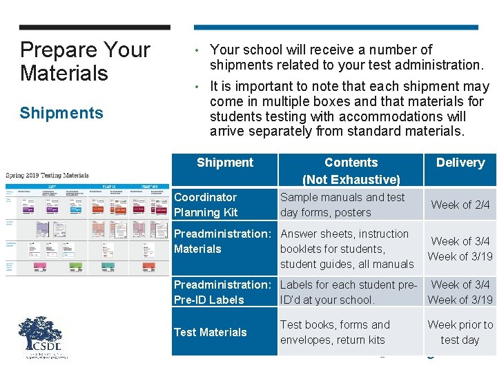 Prepare Your Materials Shipments • Your school will receive a number of shipments related