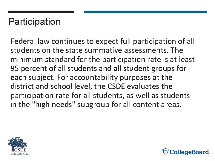 Participation Federal law continues to expect full participation of all students on the state