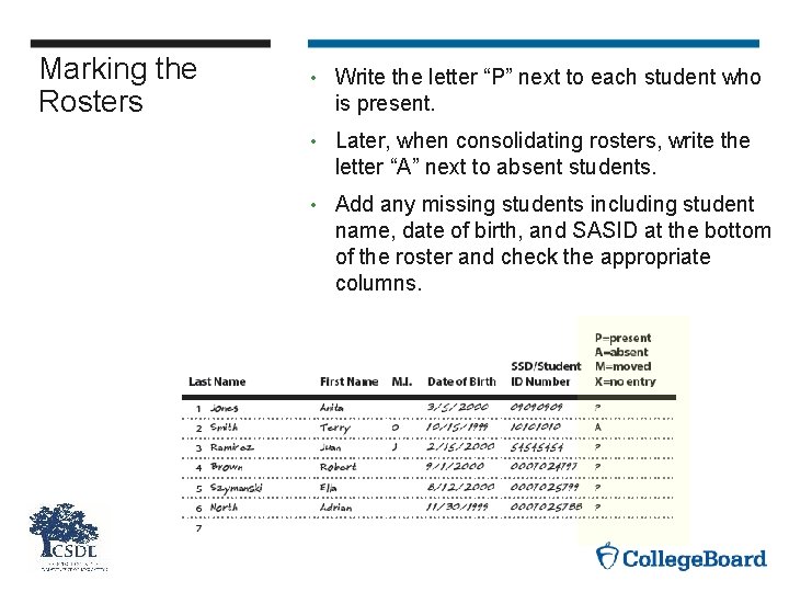 Marking the Rosters • Write the letter “P” next to each student who is