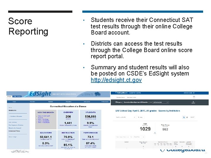 Score Reporting • Students receive their Connecticut SAT test results through their online College