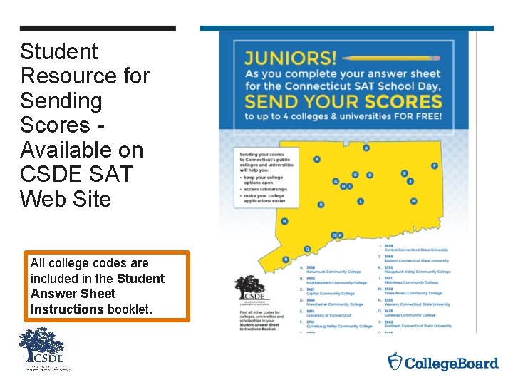 Student Resource for Sending Scores Available on CSDE SAT Web Site All college codes