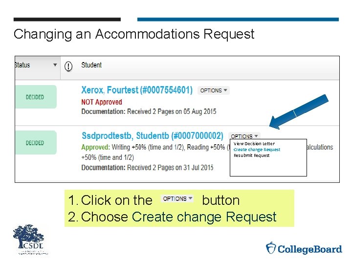 Changing an Accommodations Request View Decision Letter Create change Request Resubmit Request 1. Click