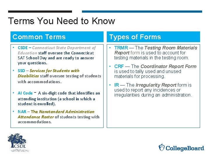 Terms You Need to Know Common Terms Types of Forms • CSDE – Connecticut