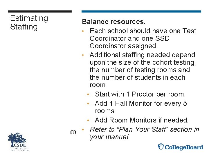 Estimating Staffing Balance resources. • Each school should have one Test Coordinator and one