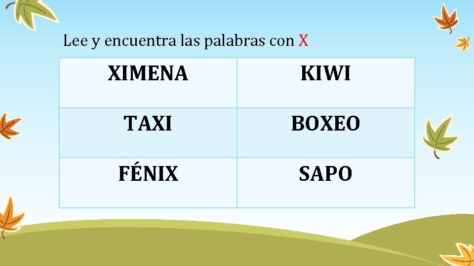 Lee y encuentra las palabras con X XIMENA KIWI TAXI BOXEO FÉNIX SAPO 