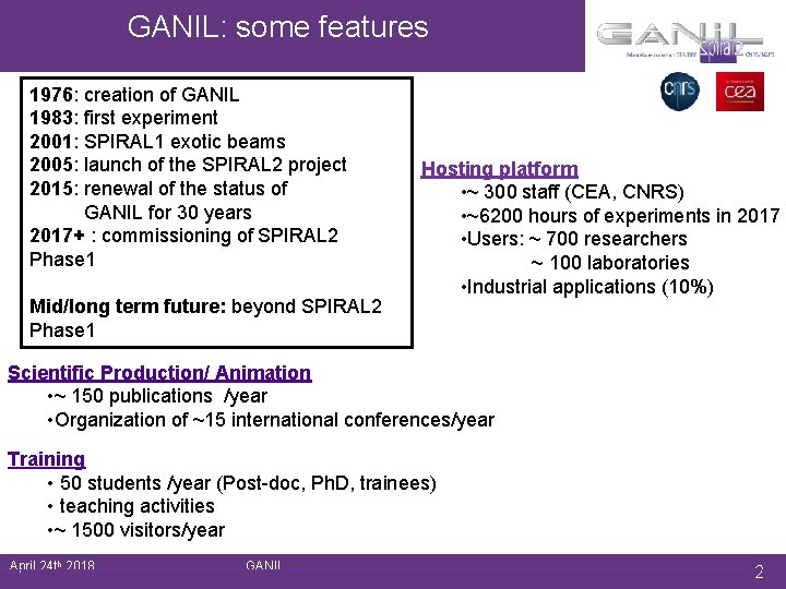 GANIL: some features 1976: creation of GANIL 1983: first experiment 2001: SPIRAL 1 exotic GANIL: some features 1976: creation of GANIL 1983: first experiment 2001: SPIRAL 1 exotic