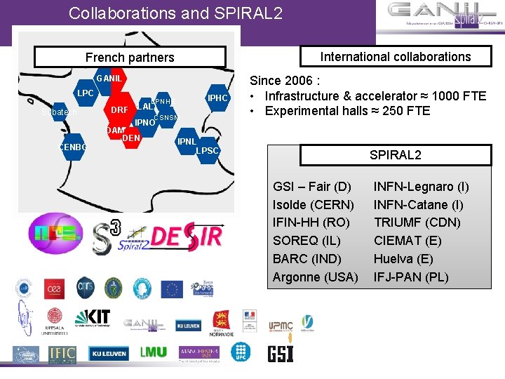 Collaborations and SPIRAL 2 International collaborations French partners GANIL LPC Subatech DRF IPHC LPNHE Collaborations and SPIRAL 2 International collaborations French partners GANIL LPC Subatech DRF IPHC LPNHE