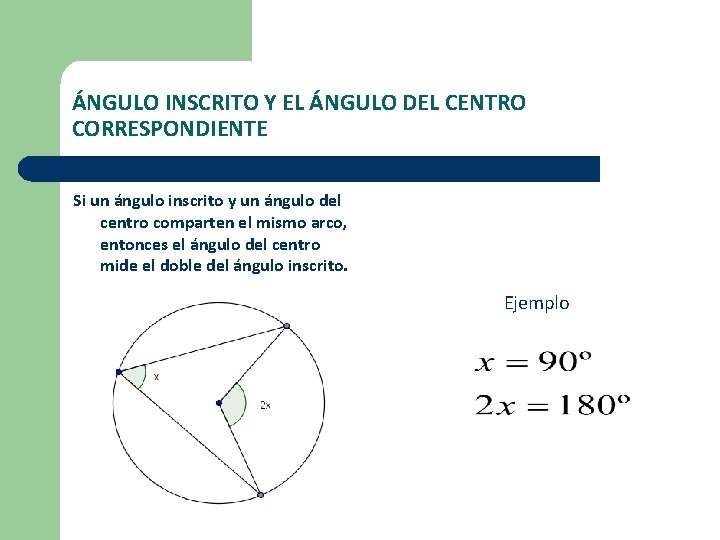 ÁNGULO INSCRITO Y EL ÁNGULO DEL CENTRO CORRESPONDIENTE Si un ángulo inscrito y un ÁNGULO INSCRITO Y EL ÁNGULO DEL CENTRO CORRESPONDIENTE Si un ángulo inscrito y un