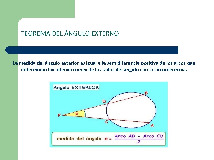 TEOREMA DEL ÁNGULO EXTERNO La medida del ángulo exterior es igual a la semidiferencia TEOREMA DEL ÁNGULO EXTERNO La medida del ángulo exterior es igual a la semidiferencia