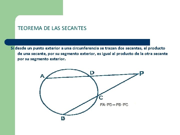 TEOREMA DE LAS SECANTES Si desde un punto exterior a una circunferencia se trazan TEOREMA DE LAS SECANTES Si desde un punto exterior a una circunferencia se trazan