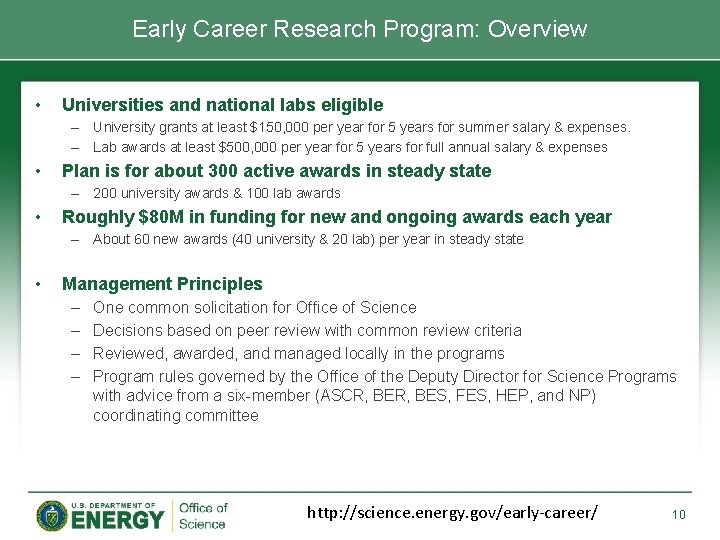 Early Career Research Program: Overview • Universities and national labs eligible – University grants Early Career Research Program: Overview • Universities and national labs eligible – University grants