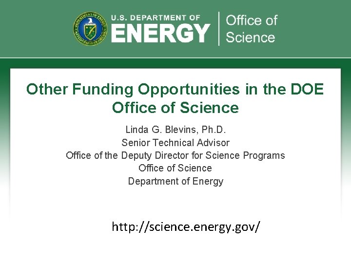 Other Funding Opportunities in the DOE Office of Science Linda G. Blevins, Ph. D. Other Funding Opportunities in the DOE Office of Science Linda G. Blevins, Ph. D.