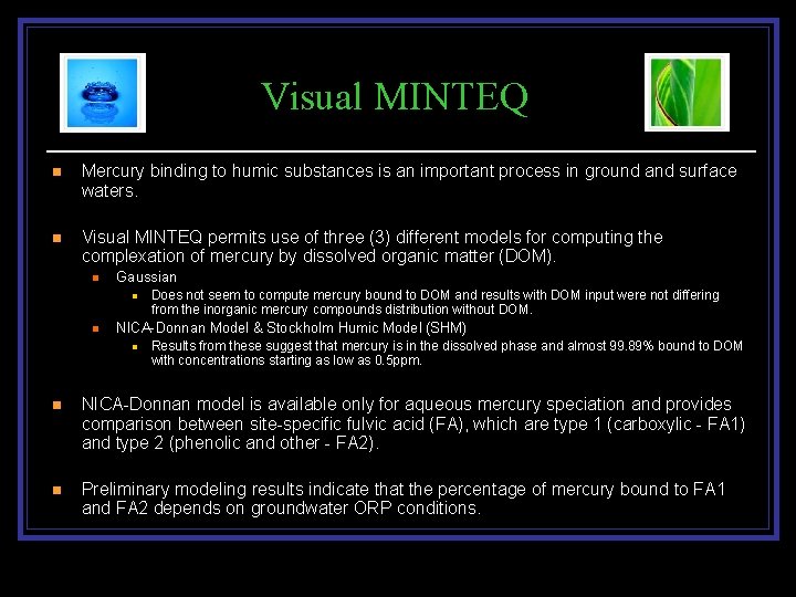 Visual MINTEQ n Mercury binding to humic substances is an important process in ground