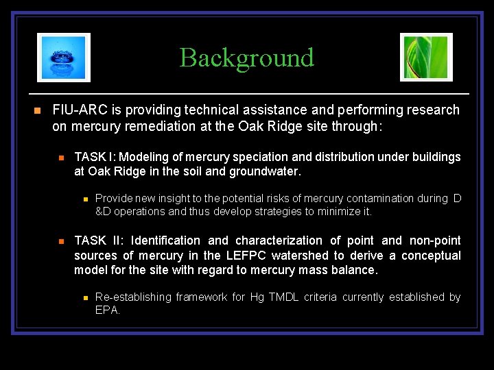 Background n FIU-ARC is providing technical assistance and performing research on mercury remediation at